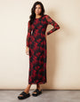 Black & Red Floral Print Long Sleeve Mesh Midi Dress