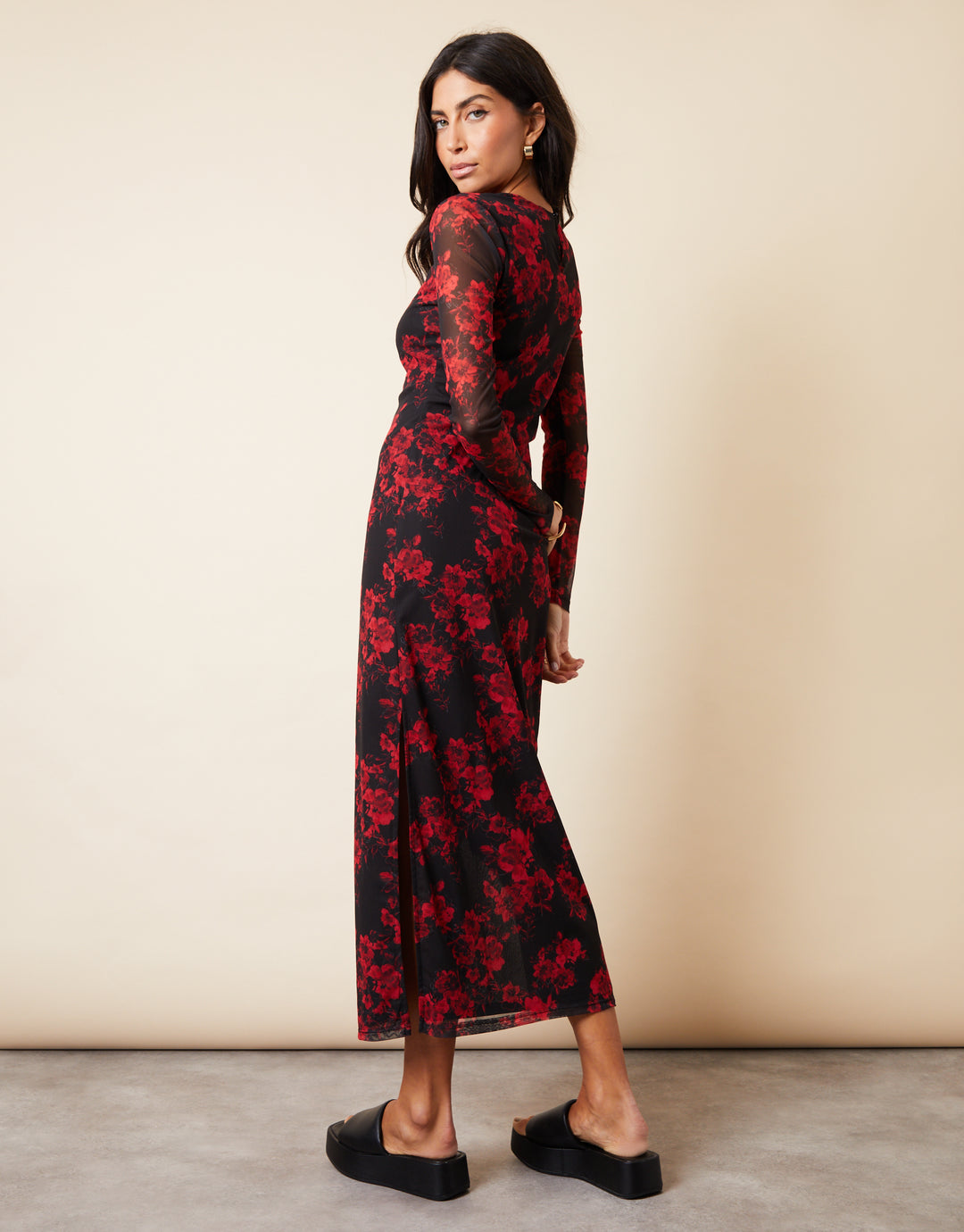 Black & Red Floral Print Long Sleeve Mesh Midi Dress