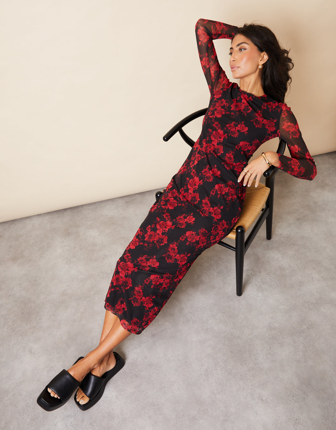 Black & Red Floral Print Long Sleeve Mesh Midi Dress