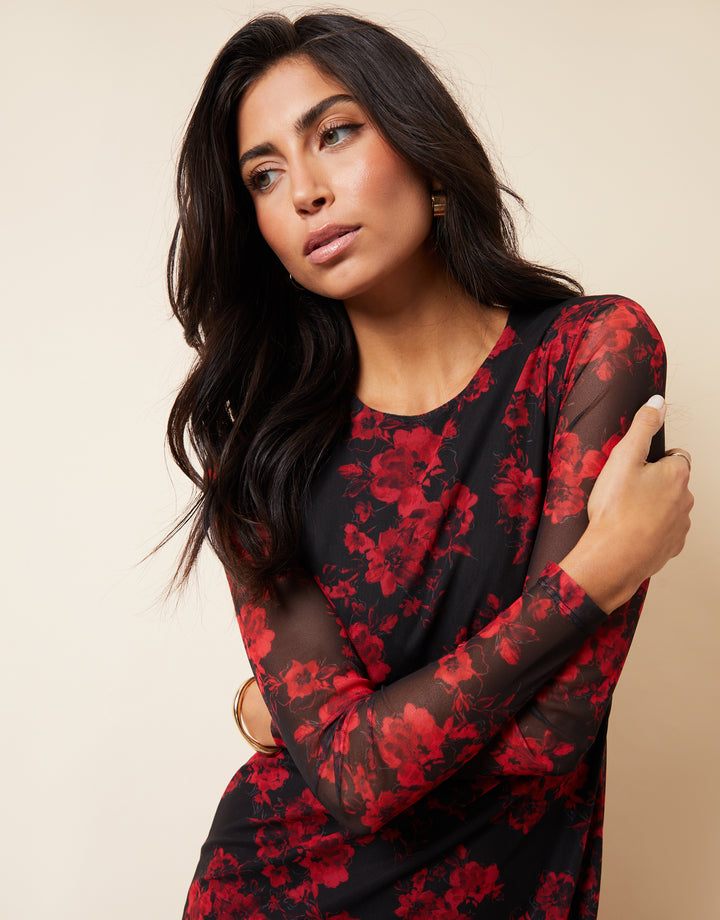 Black & Red Floral Print Long Sleeve Mesh Midi Dress