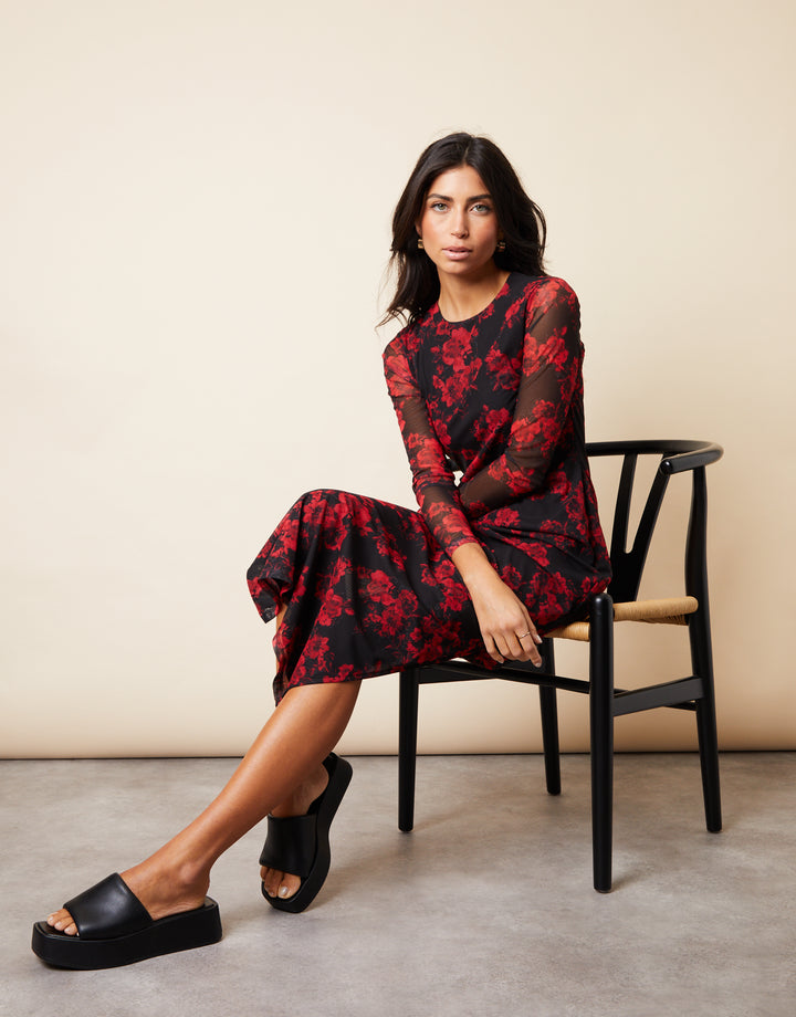 Black & Red Floral Print Long Sleeve Mesh Midi Dress