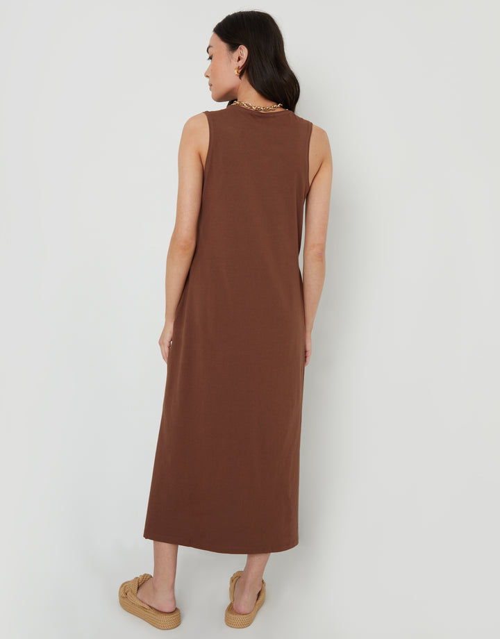 Chocolate Brown Sleeveless Jersey Midi Dress with Pockets