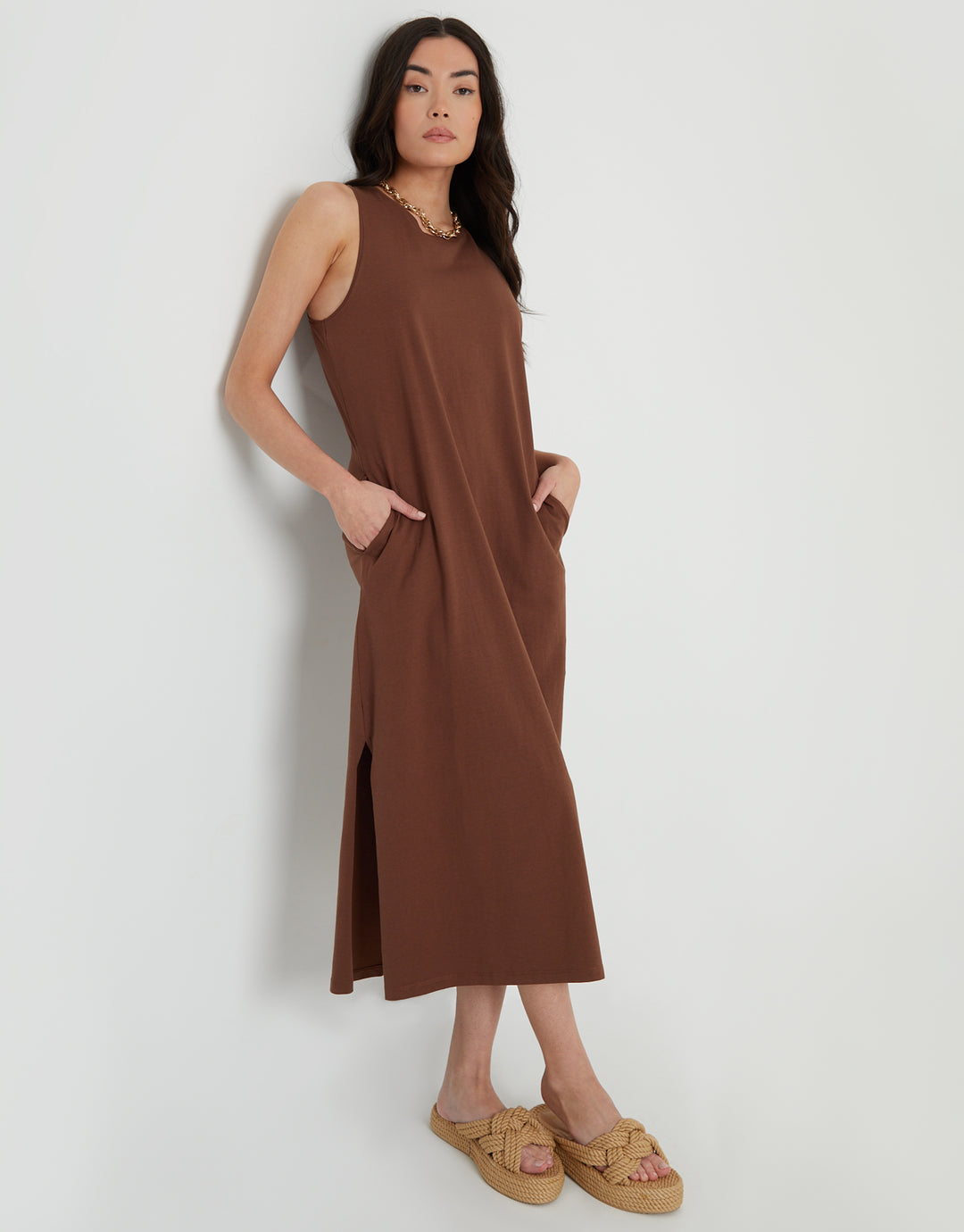 Chocolate Brown Sleeveless Jersey Midi Dress with Pockets