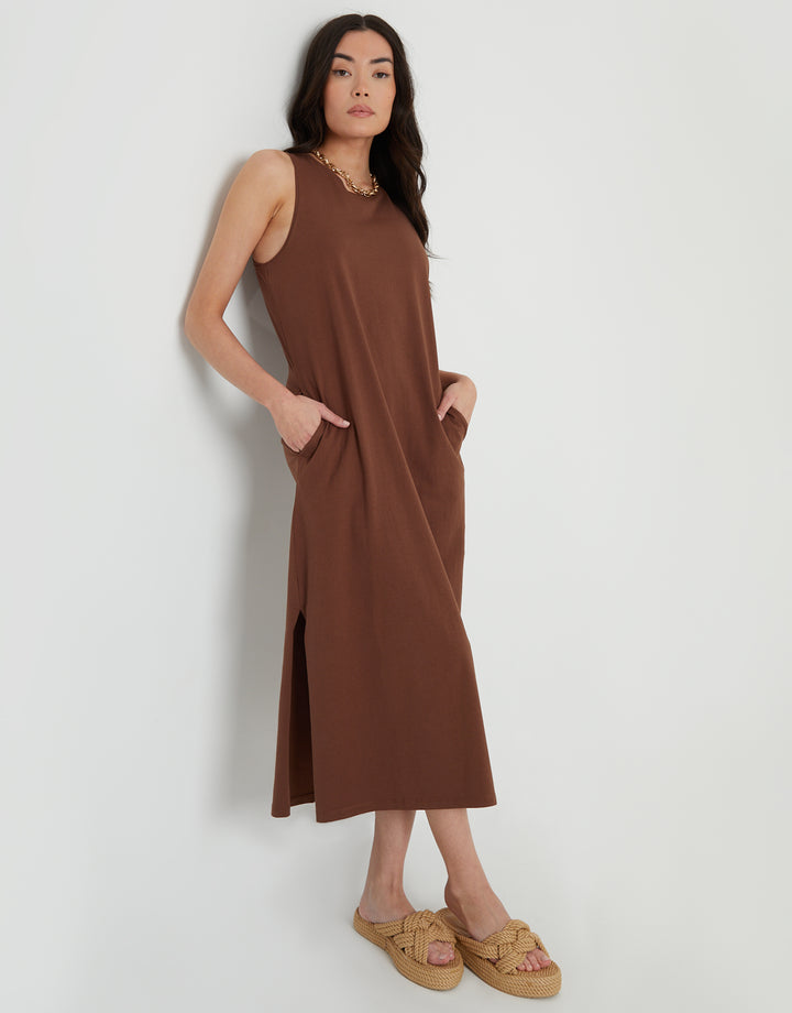 Chocolate Brown Sleeveless Jersey Midi Dress with Pockets