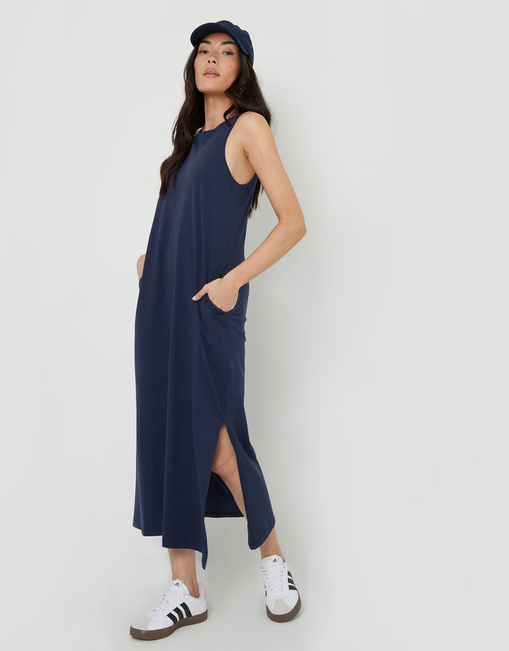Navy Sleeveless Jersey Midi Dress with Pockets
