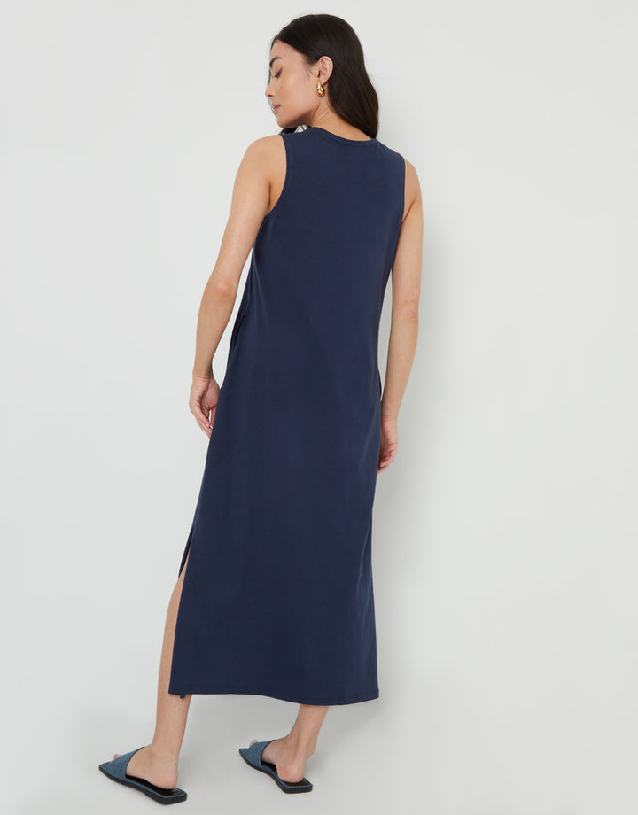 Navy Sleeveless Jersey Midi Dress with Pockets