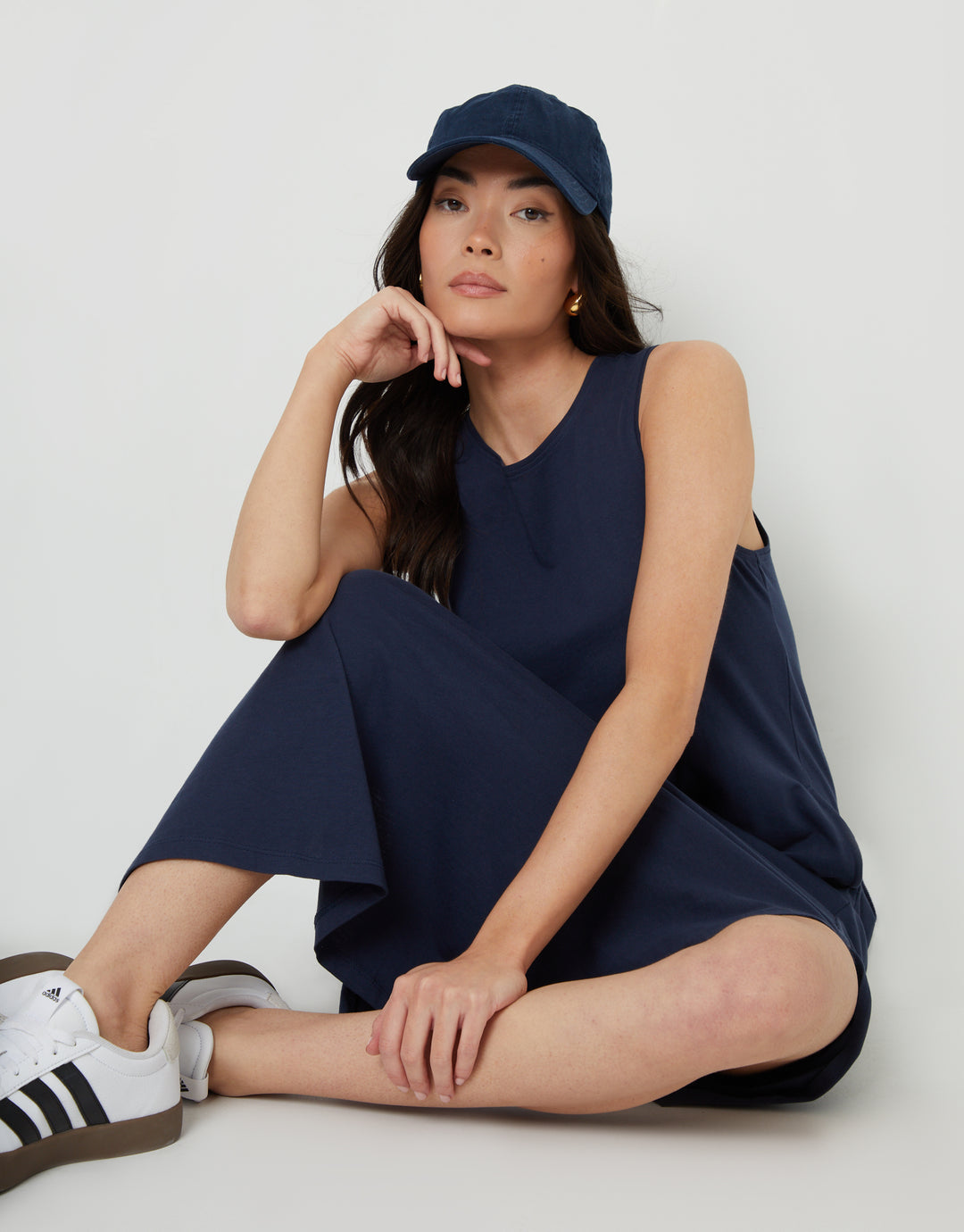 Navy Sleeveless Jersey Midi Dress with Pockets