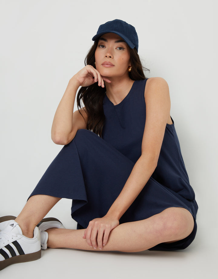 Navy Sleeveless Jersey Midi Dress with Pockets