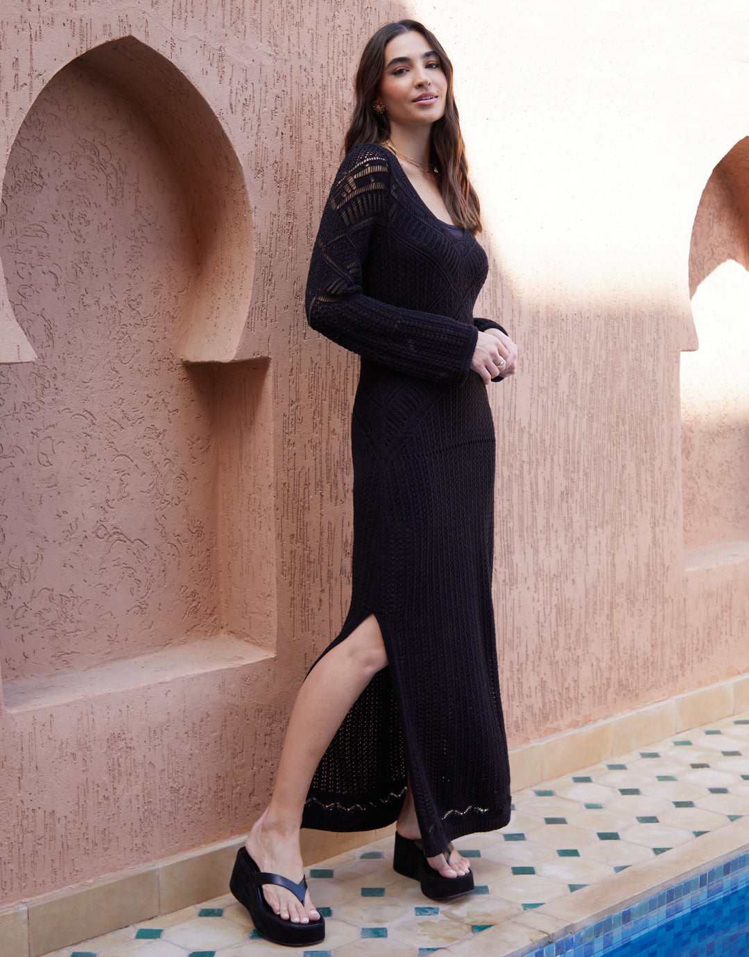Threadbare Women's Black Cami Lined Long Sleeve Crochet Maxi Dress Threadbare Women's Black Cami Lined Long Sleeve Crochet Maxi Dress
