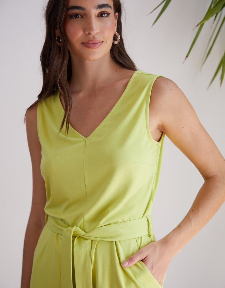 Sleeveless Belted Playsuit in Lime Green