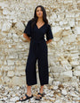 Belted Flutter Sleeve Jumpsuit in Black