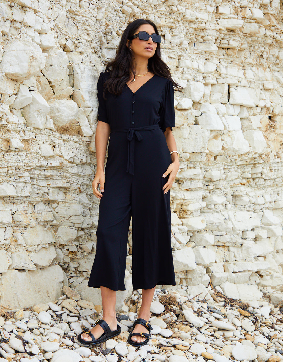 Threadbare Women's Black Belted Flutter Sleeve Jumpsuit