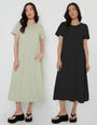 Black & Sage Jersey Midi Smock Dresses with Pockets (2 Pack)