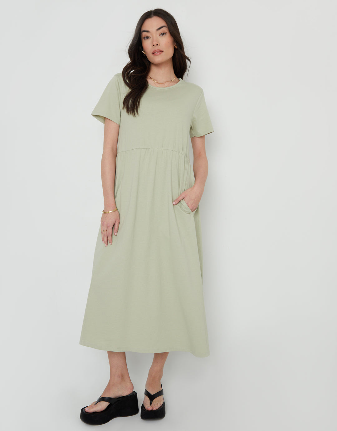 Black & Sage Jersey Midi Smock Dresses with Pockets (2 Pack)