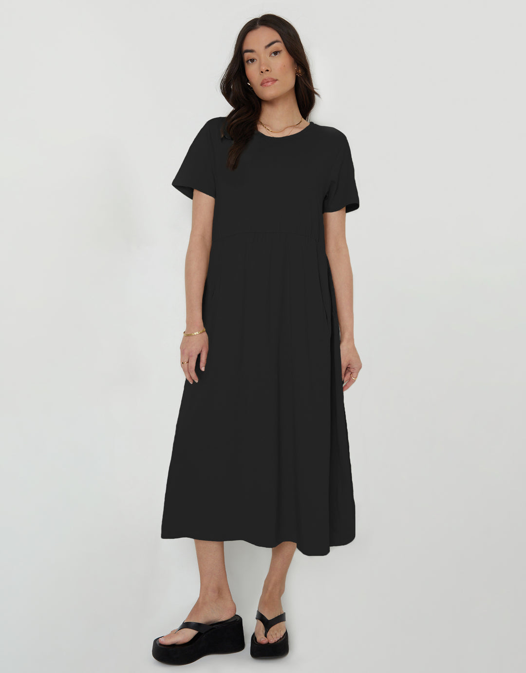 Black & Sage Jersey Midi Smock Dresses with Pockets (2 Pack)