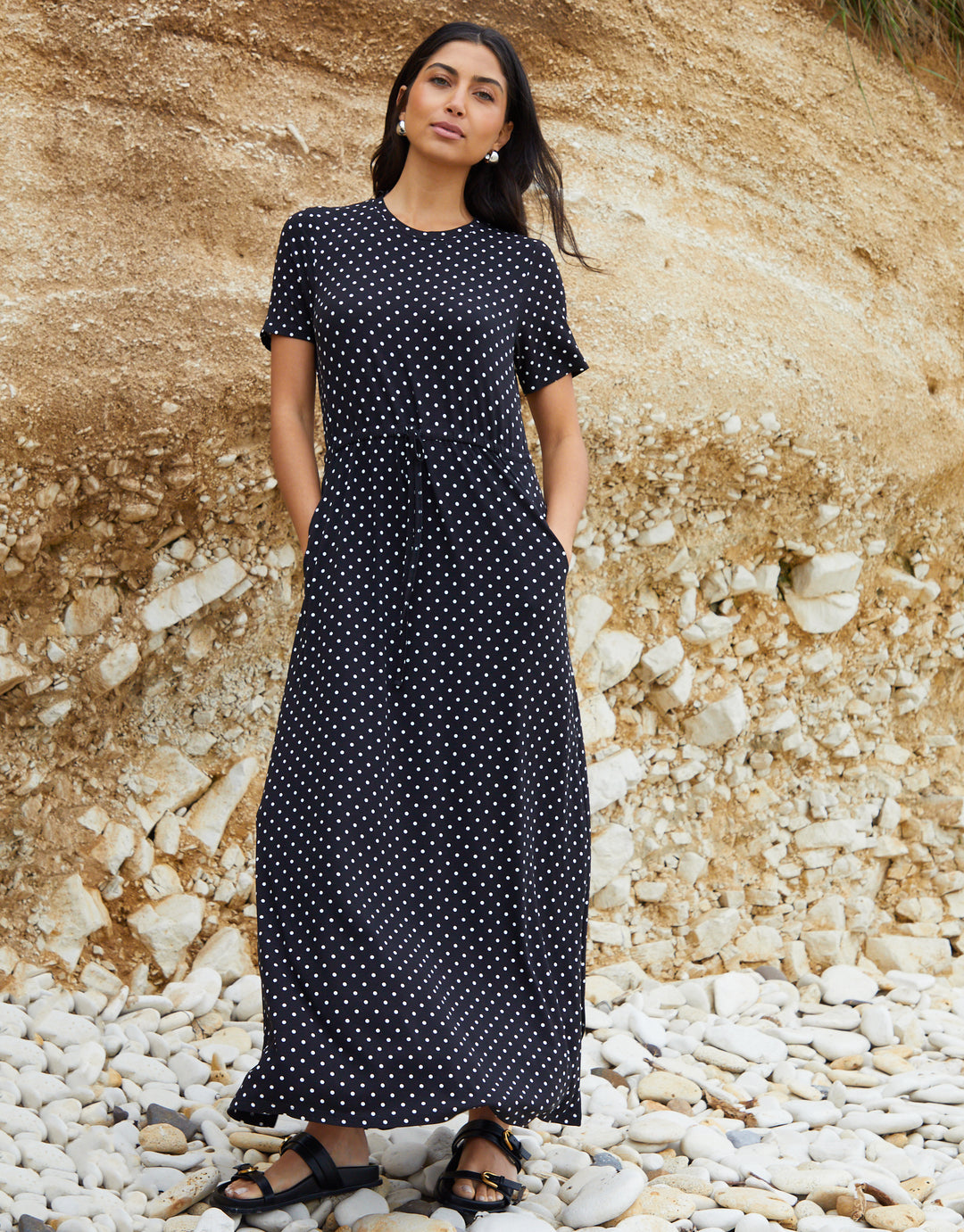 midi reversible a line dress pockets Threadbare Women's Black Polka Dot Ruched Waist Jersey Midi Dress with  Pockets