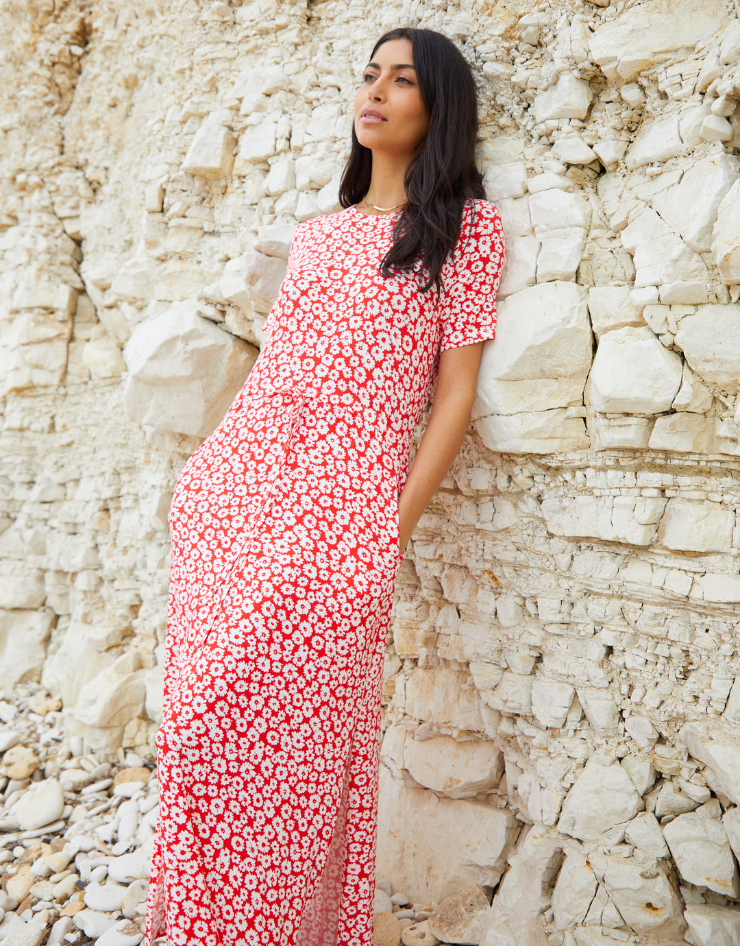 Threadbare Women's Red Floral Ruched Waist Jersey Midi Dress with Pockets