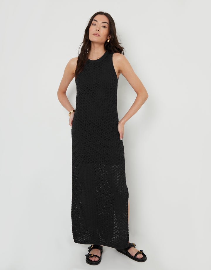 Lined Knitted Racer Maxi Dress in Black