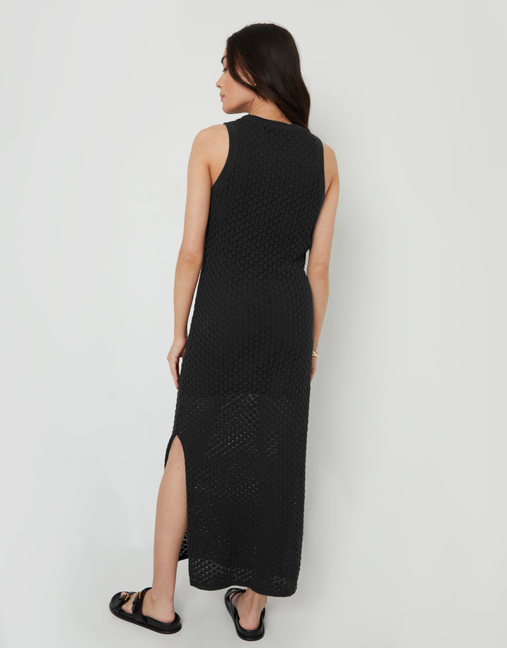 Lined Knitted Racer Maxi Dress in Black