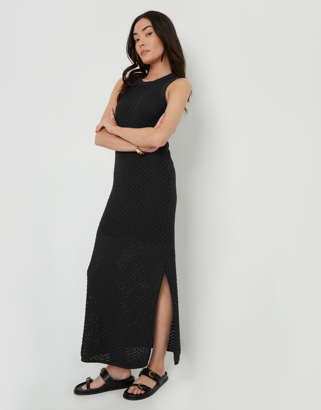 Lined Knitted Racer Maxi Dress in Black