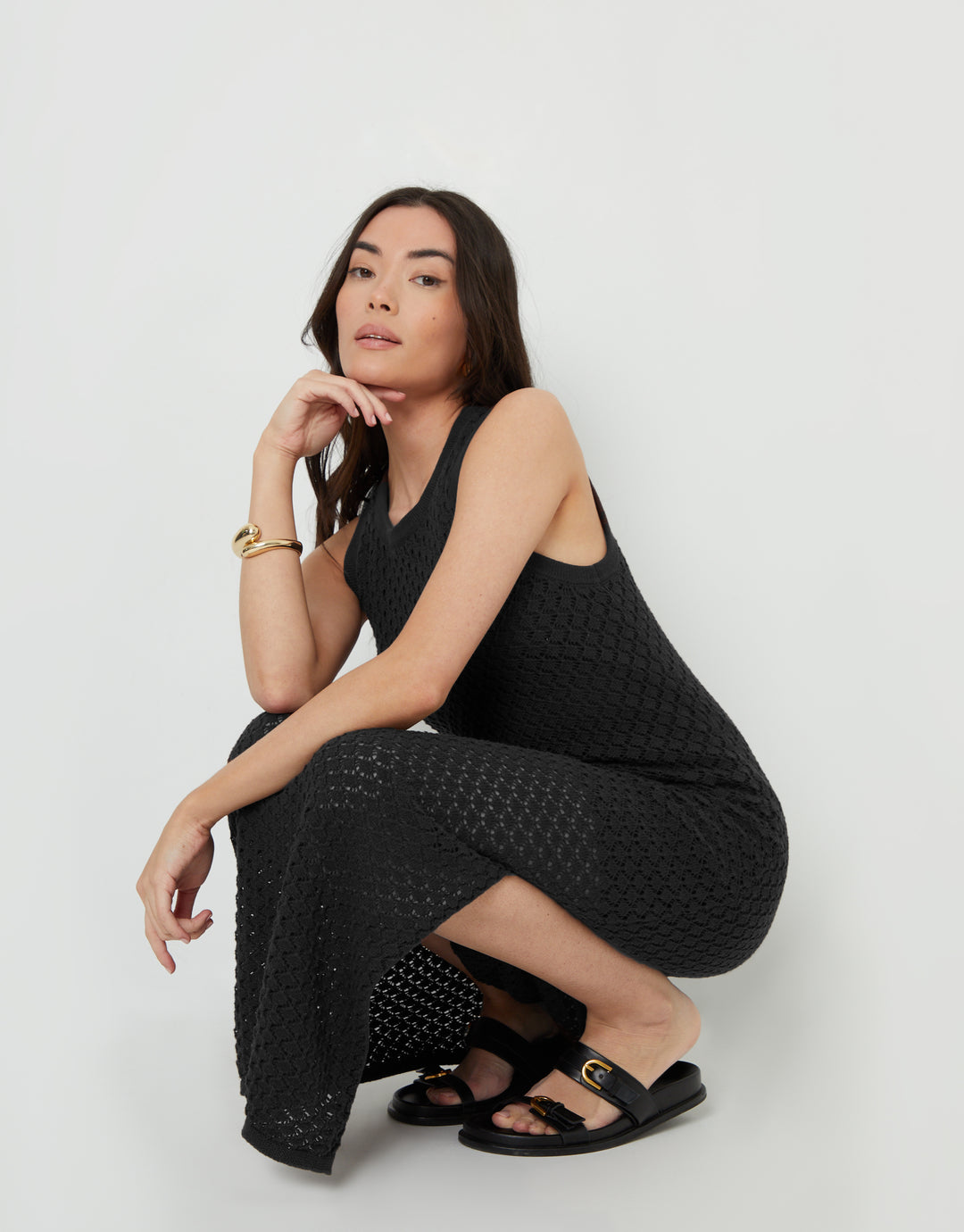 Lined Knitted Racer Maxi Dress in Black