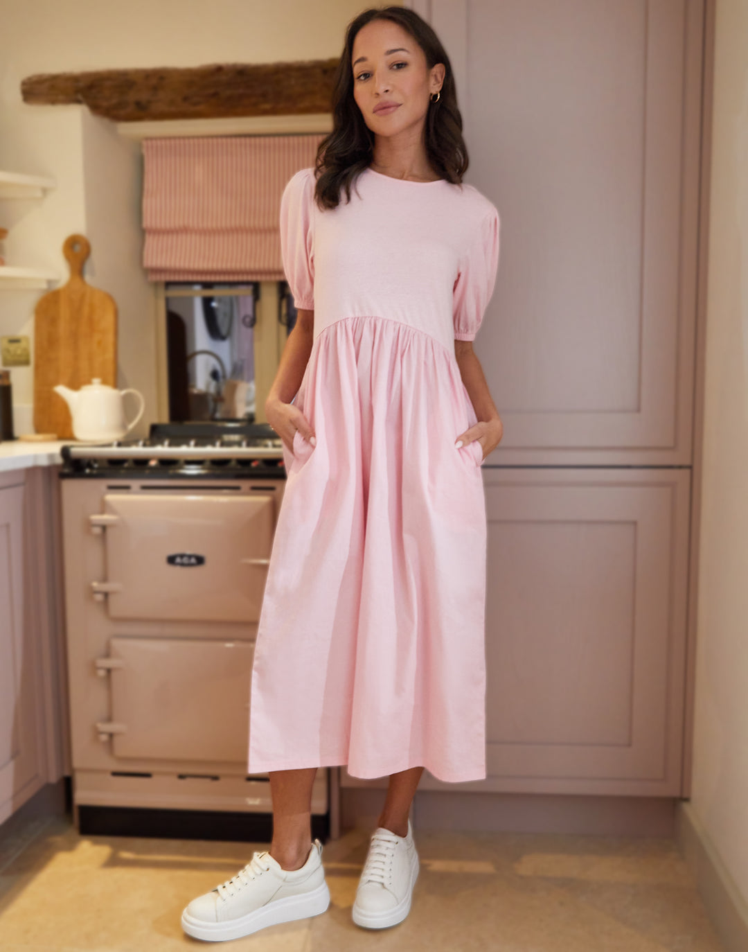 Pink Puff Sleeve Jersey Poplin Mix Maxi Dress
