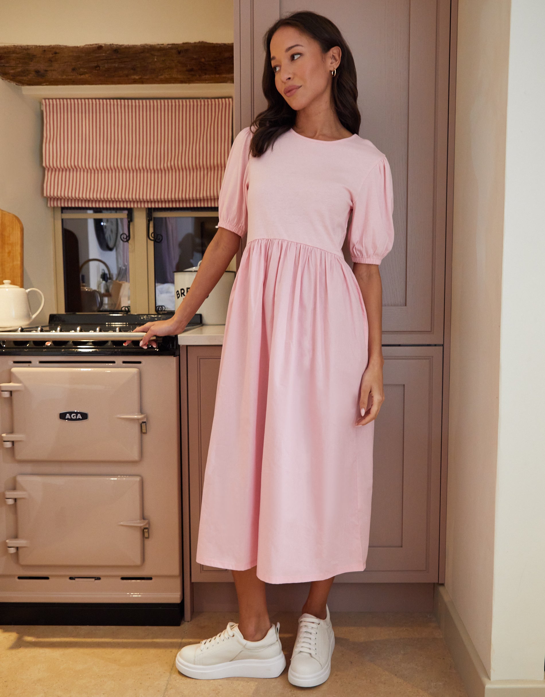 美品！Her lip to Puff Sleeve Jersey Dress S Threadbare Women's Pink Puff Sleeve Jersey Poplin Mix Maxi Dress