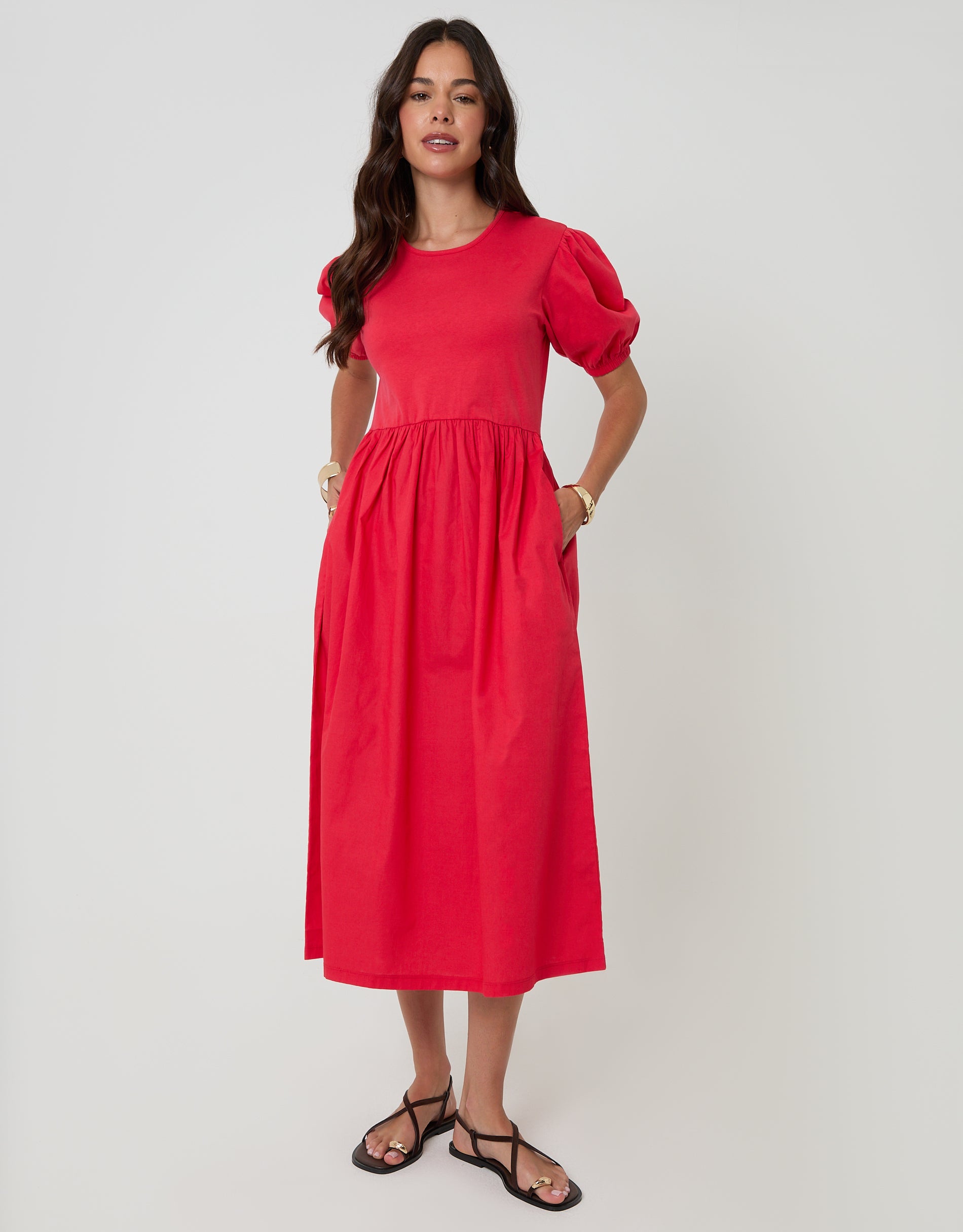 Pure Cotton Puff Sleeve 2-in-1 Maxi Dress in Red