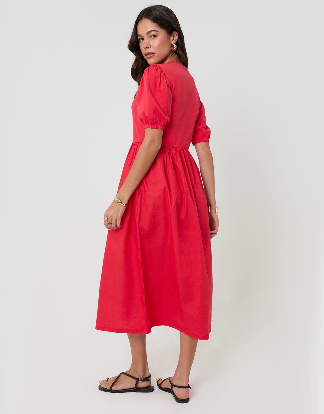 Threadbare Puff Sleeve Jersey Poplin Mix Maxi Dress in Red - side view