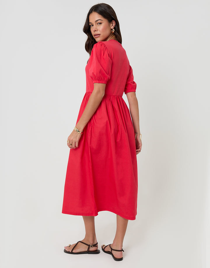 Threadbare Puff Sleeve Jersey Poplin Mix Maxi Dress in Red - side view