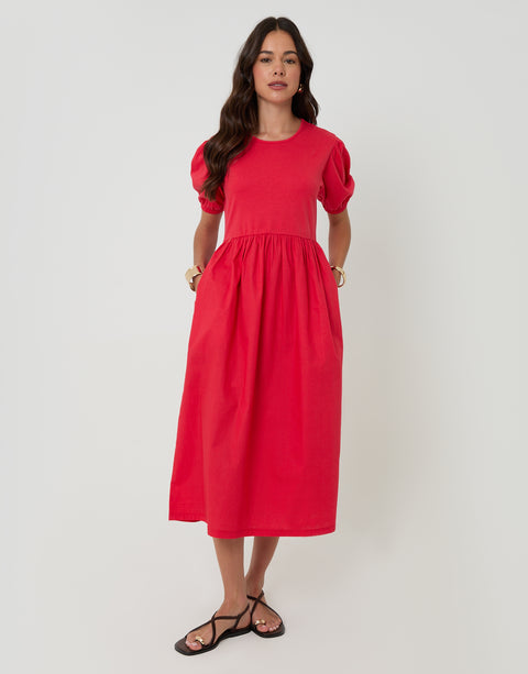 Threadbare Puff Sleeve Jersey Poplin Mix Maxi Dress in Red - front view