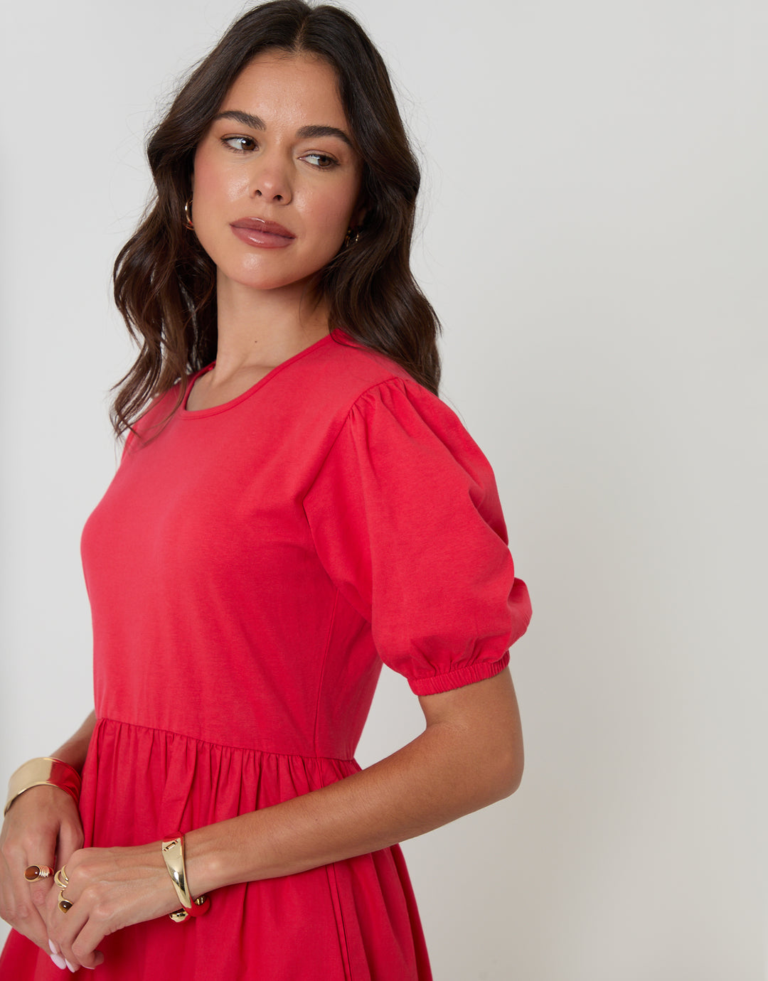 Threadbare Women's Red Puff Sleeve Jersey Poplin Mix Maxi Dress