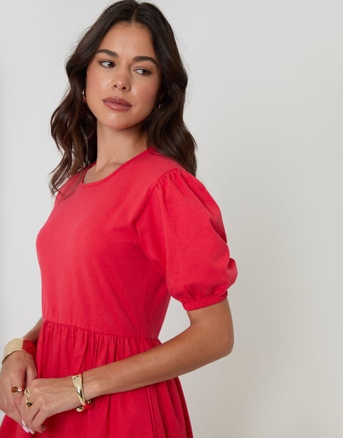 Threadbare Puff Sleeve Jersey Poplin Mix Maxi Dress in Red - side view close up
