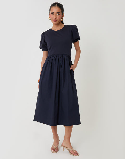 Threadbare Puff Sleeve Poplin Mix Dress Mondo in Navy - front view