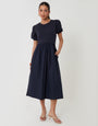 Threadbare Puff Sleeve Poplin Mix Dress Mondo in Navy - front view
