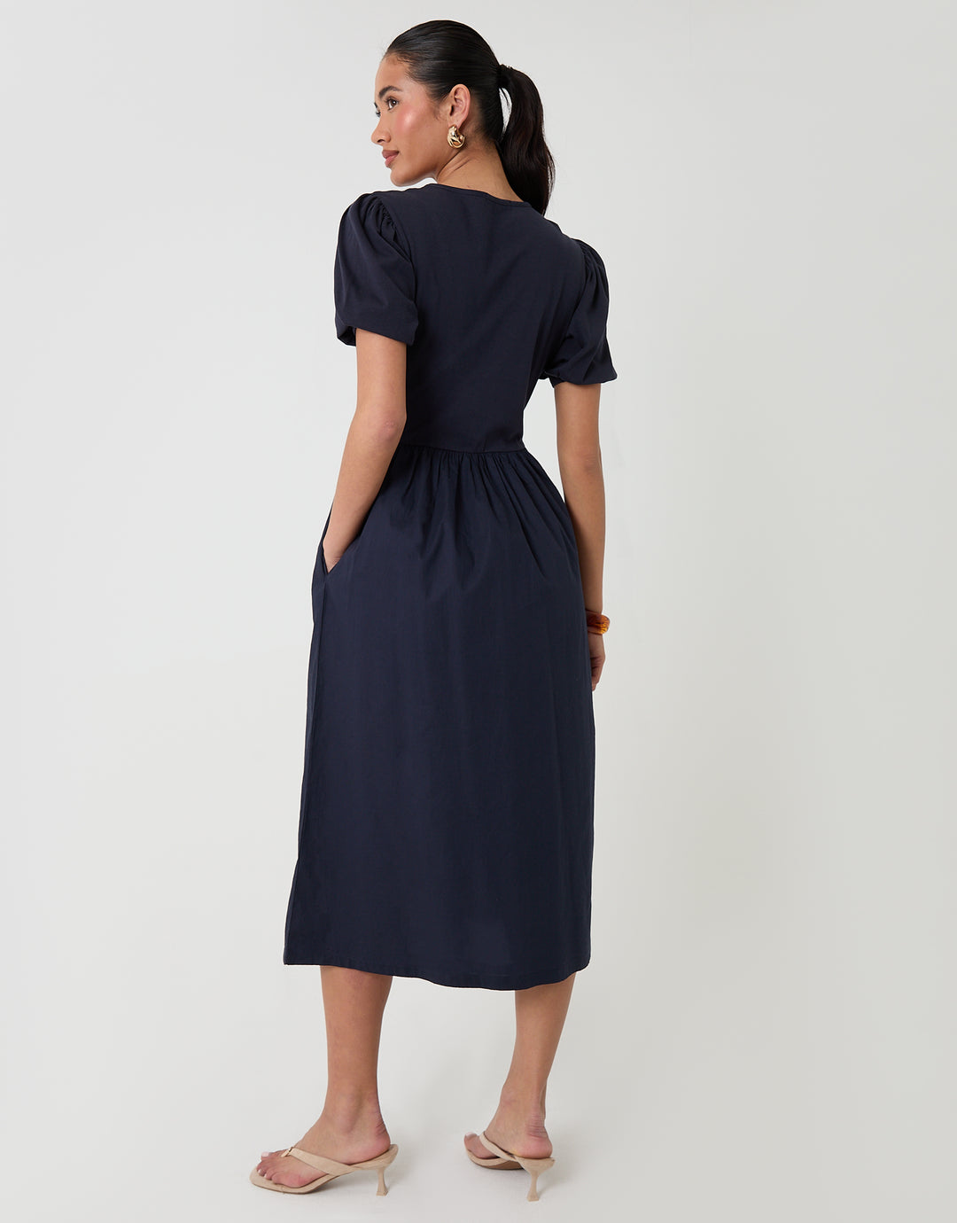 Threadbare Puff Sleeve Poplin Mix Dress Mondo in Navy - back view