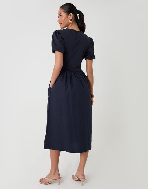 Threadbare Puff Sleeve Poplin Mix Dress Mondo in Navy - back view
