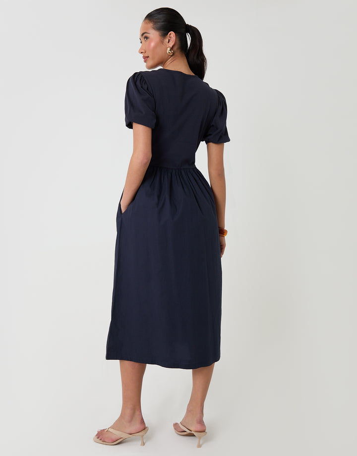 Threadbare Puff Sleeve Poplin Mix Dress Mondo in Navy - back view