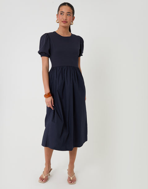 Threadbare Puff Sleeve Poplin Mix Dress Mondo in Navy - full body