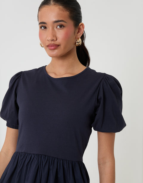 Threadbare Puff Sleeve Poplin Mix Dress Mondo in Navy - close up