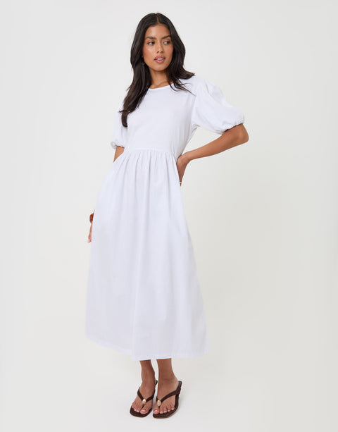 Threadbare Pure Cotton Puff Sleeve 2-in-1 Maxi Dress in White - front view