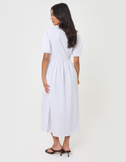 Threadbare Pure Cotton Puff Sleeve 2-in-1 Maxi Dress in White - back view