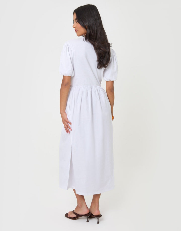 Threadbare Pure Cotton Puff Sleeve 2-in-1 Maxi Dress in White - back view