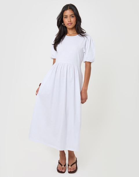 Threadbare Pure Cotton Puff Sleeve 2-in-1 Maxi Dress in White - full body