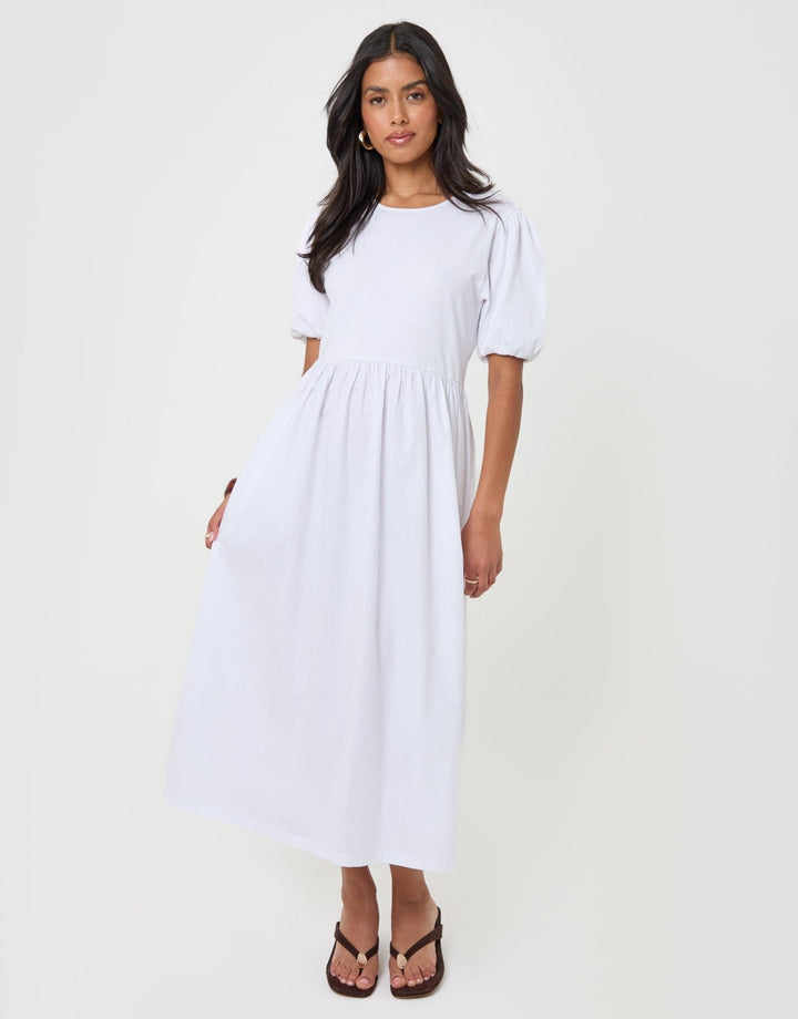 Threadbare Pure Cotton Puff Sleeve 2-in-1 Maxi Dress in White - full body