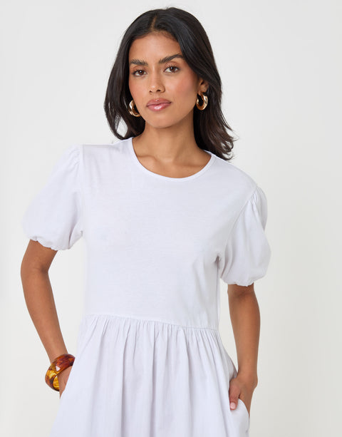Threadbare Pure Cotton Puff Sleeve 2-in-1 Maxi Dress in White - close up