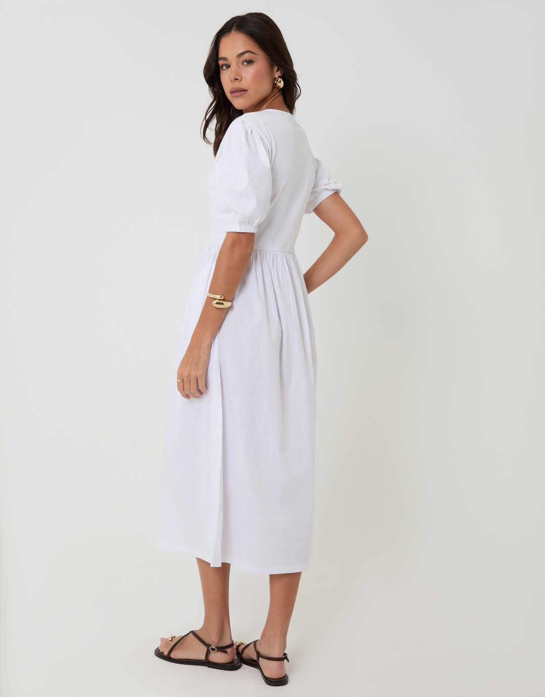 Threadbare Puff Sleeve Jersey Poplin Mix Maxi Dress in White - side view