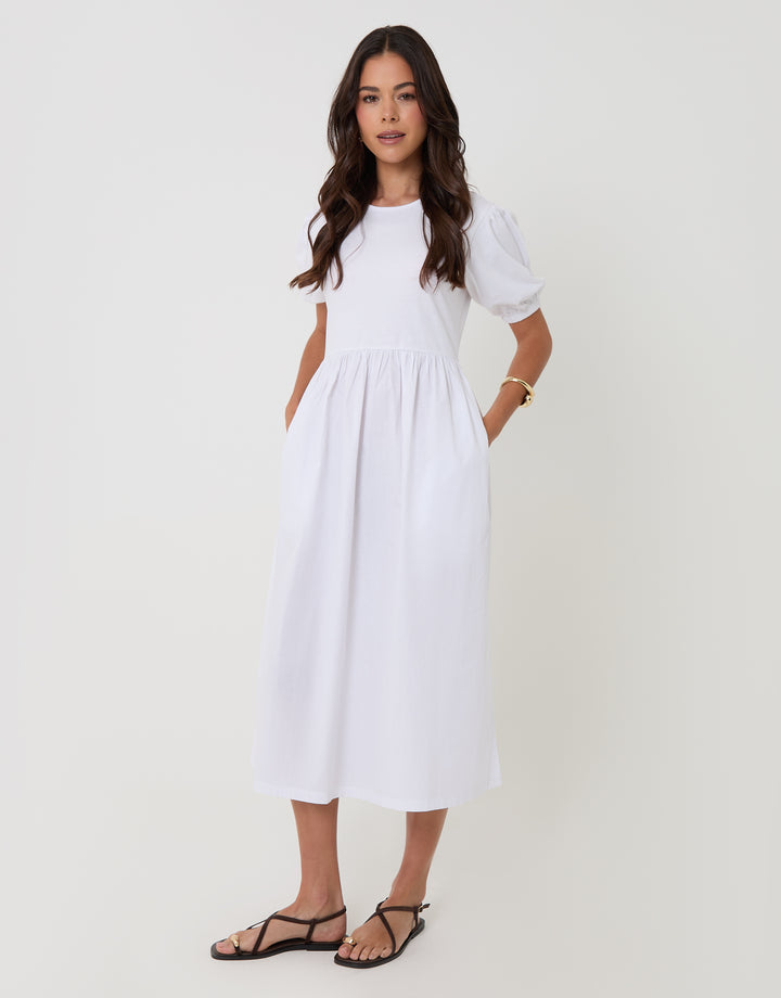 Threadbare Puff Sleeve Jersey Poplin Mix Maxi Dress in White - full body