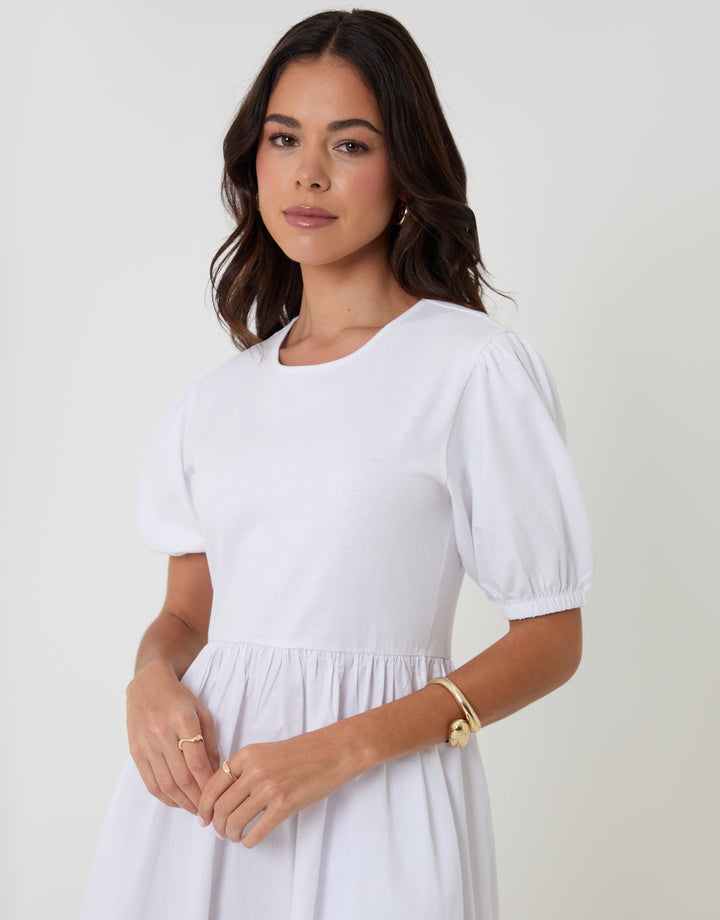Threadbare Puff Sleeve Jersey Poplin Mix Maxi Dress in White - front view close up