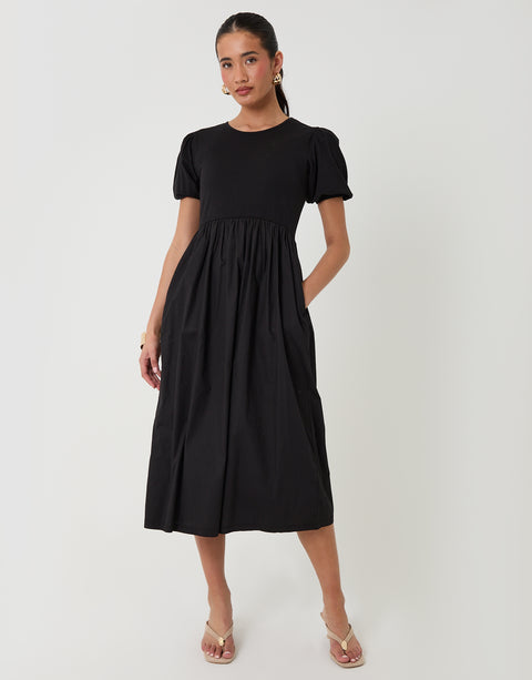 Threadbare Puff Sleeve Poplin Mix Dress Mondo in Black - front full body